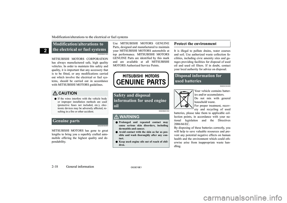 MITSUBISHI OUTLANDER PHEV 2019  Owners Manual (in English) �M�o�d�i�f�i�c�a�t�i�o�n�/�a�l�t�e�r�a�t�i�o�n�s� �t�o�t�h�e� �e�l�e�c�t�r�i�c�a�l� �o�r� �f�u�e�l� �s�y�s�t�e�m�s �E�0�0�2�0�0�4�0�1�5�8�3
�M�I�T�S�U�B�I�S�H�I � �M�O�T�O�R�S � �C�O�R�P�O�R�A�T�I�O�N