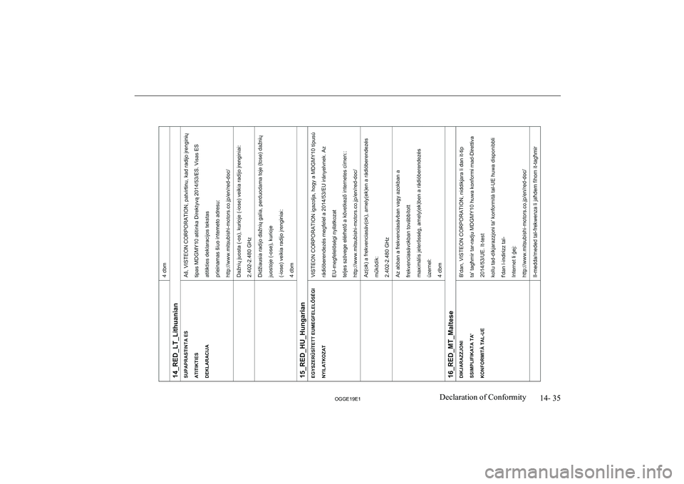 MITSUBISHI OUTLANDER PHEV 2019  Owners Manual (in English) �1�4�-� �3�5
�2�*�*�(���(��D�e�c�l�a�r�a�t�i�o�n� �o�f� �C�o�n�f�o�r�m�i�t�y               