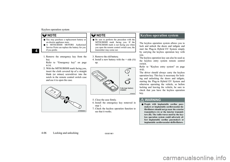 MITSUBISHI OUTLANDER PHEV 2019  Owners Manual (in English) �N�O�T�E�z�Y�o�u�  �m�a�y�  �p�u�r�c�h�a�s�e�  �a�  �r�e�p�l�a�c�e�m�e�n�t�  �b�a�t�t�e�r�y�  �a�t
�a�n� �e�l�e�c�t�r�i�c� �a�p�p�l�i�a�n�c�e� �s�t�o�r�e�.
�z �A� 
�M�I�T�S�U�B�I�S�H�I � �M�O�T�O�R�S 