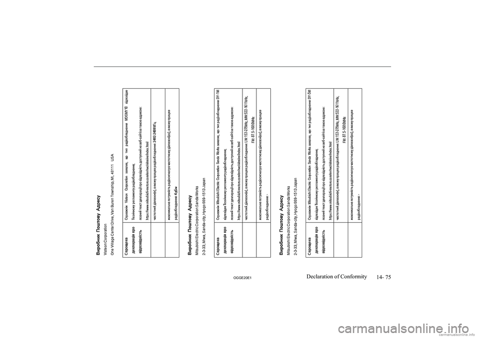 MITSUBISHI OUTLANDER PHEV 2020  Owners Manual (in English) �1�4�-� �7�5
�2�*�*�(�2�0�(�1�D�e�c�l�a�r�a�t�i�o�n� �o�f� �C�o�n�f�o�r�m�i�t�y   