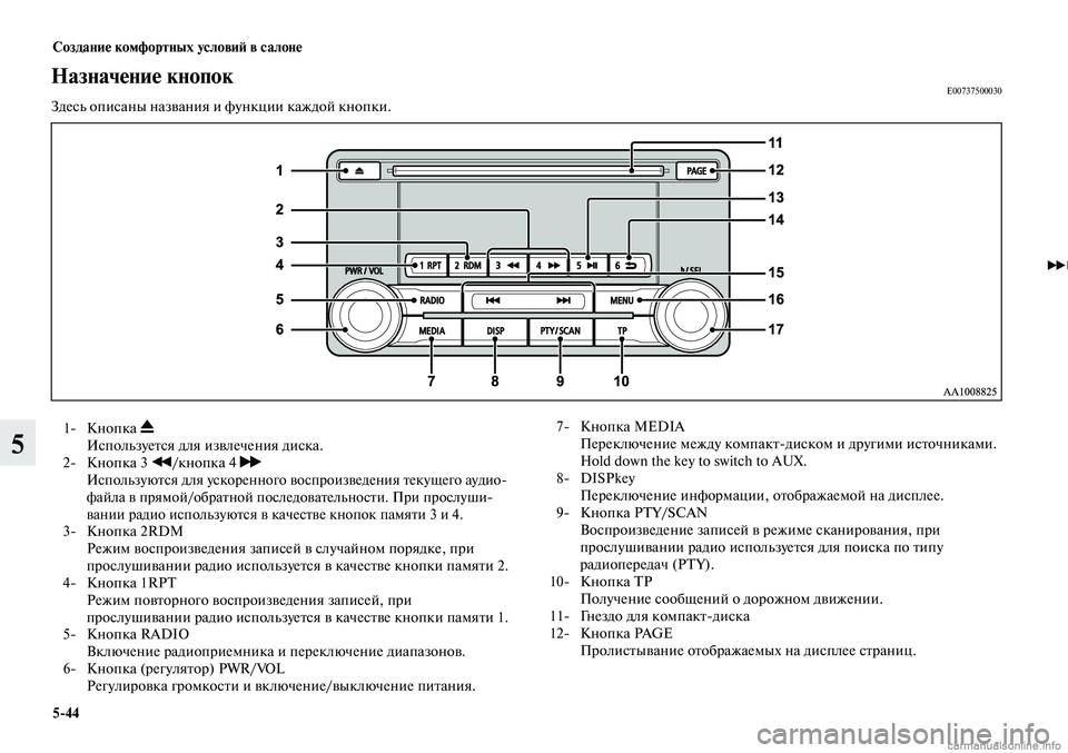 MITSUBISHI LANCER 2014  Руководство по эксплуатации и техобслуживанию (in Russian) Создание комфортных условий в салоне
5-44
5
 1-  Кнопка  
Используется для извлечения диска.
  2-  Кнопка 3 
/кнопка 4  