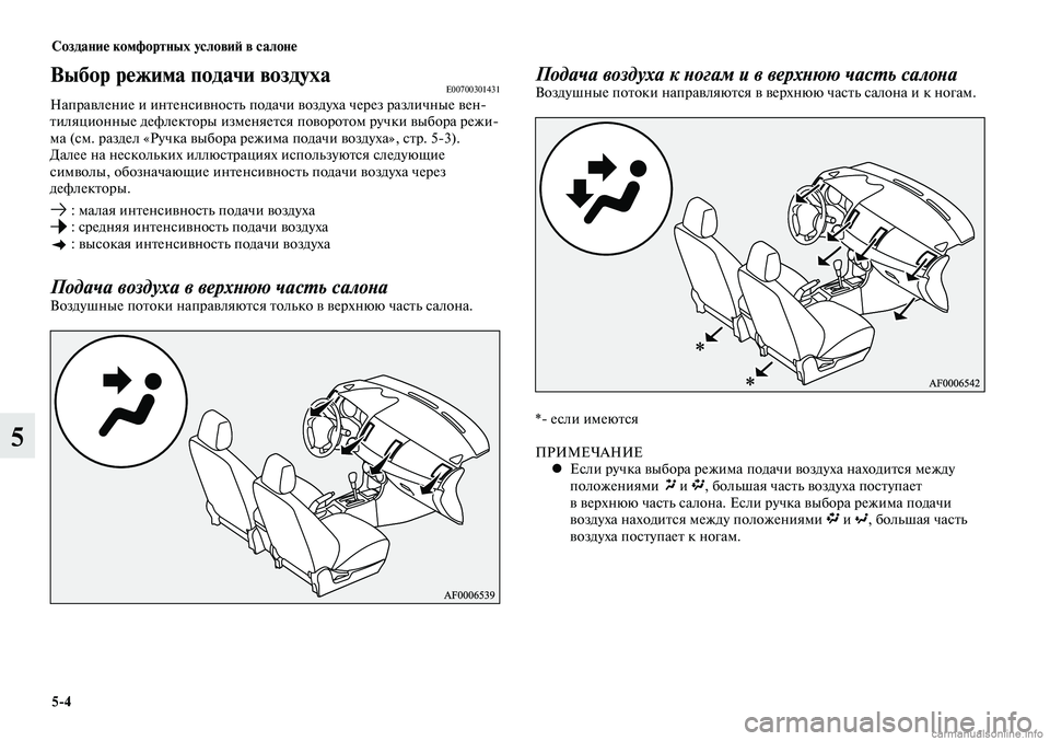 MITSUBISHI LANCER 2015 Руководство по эксплуатации и техобслуживанию (in Russian) Создание комфортных условий в салоне
5-4
5
Выбор режима подачи воздухаE00700301431Направление и интенсивность пода MITSUBISHI LANCER 2015 Руководство по эксплуатации и техобслуживанию (in Russian) Создание комфортных условий в салоне
5-4
5
Выбор режима подачи воздухаE00700301431Направление и интенсивность пода