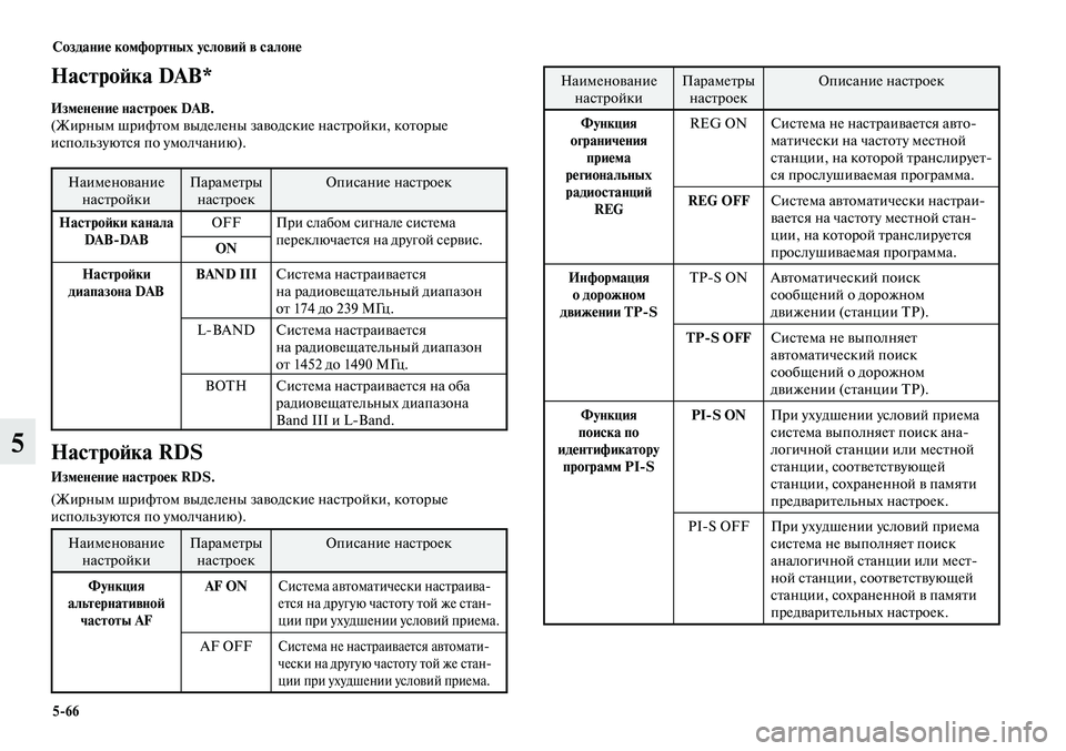 MITSUBISHI LANCER 2015 Руководство по эксплуатации и техобслуживанию (in Russian) Создание комфортных условий в салоне
5-66
5
Настройка DAB*
Изменение настроек DAB.
(Жирным шрифтом выделены заводс MITSUBISHI LANCER 2015 Руководство по эксплуатации и техобслуживанию (in Russian) Создание комфортных условий в салоне
5-66
5
Настройка DAB*
Изменение настроек DAB.
(Жирным шрифтом выделены заводс