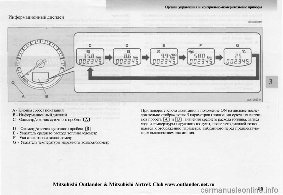 MITSUBISHI OUTLANDER 2003  Руководство по эксплуатации и техобслуживанию (in Russian) 
Органы управления и контрольно-измерительные приборы

Информационный дисплей

А - Кнопка сброса показаний

В