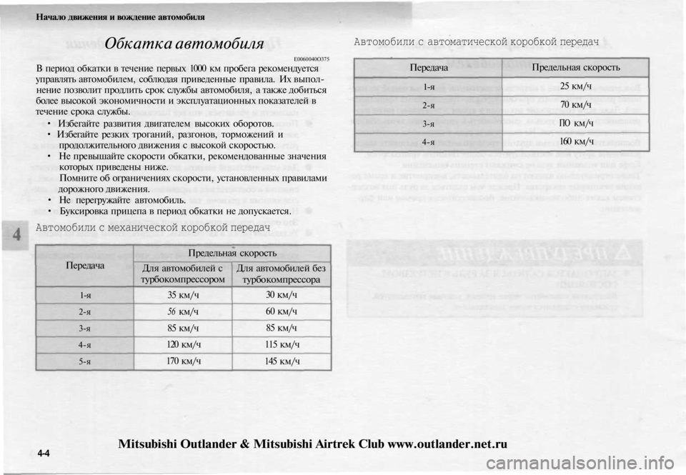 MITSUBISHI OUTLANDER 2003 Руководство по эксплуатации и техобслуживанию (in Russian)
Начало движения и вождение автомобиля
Обкатка автомобиля
Е0060040О375
В период обкатки в течение первых 1000 км п MITSUBISHI OUTLANDER 2003 Руководство по эксплуатации и техобслуживанию (in Russian)
Начало движения и вождение автомобиля
Обкатка автомобиля
Е0060040О375
В период обкатки в течение первых 1000 км п