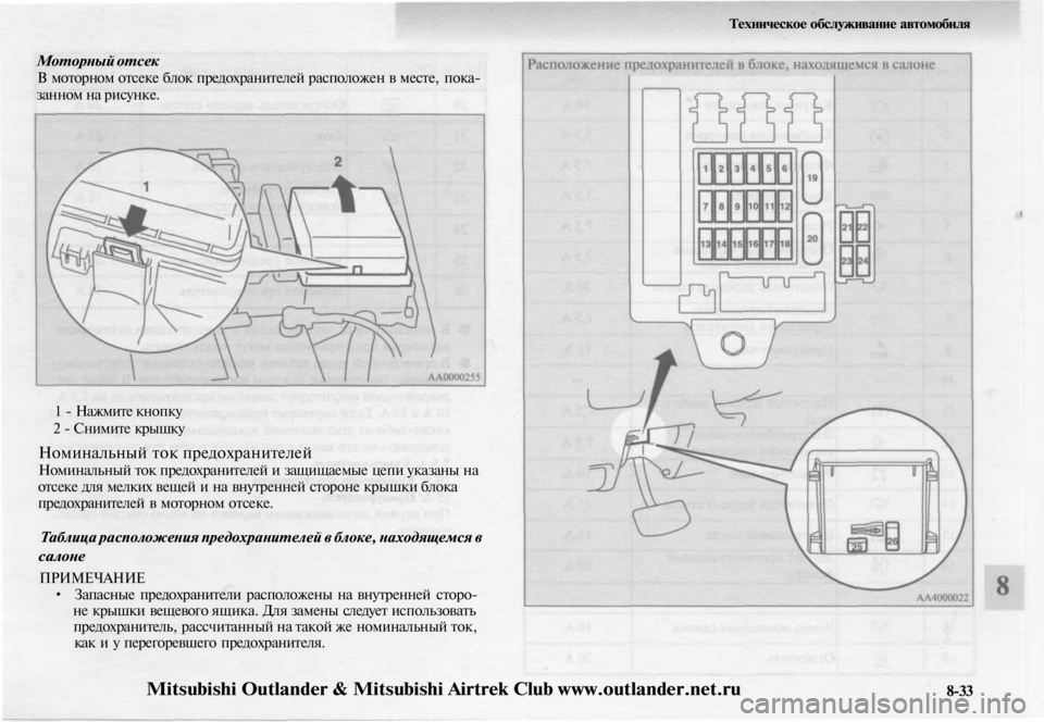 MITSUBISHI OUTLANDER 2003  Руководство по эксплуатации и техобслуживанию (in Russian) 
Техническое обслуживание автомобиля

Моторный отсек

В моторном отсеке блок предохранителей расположен в м