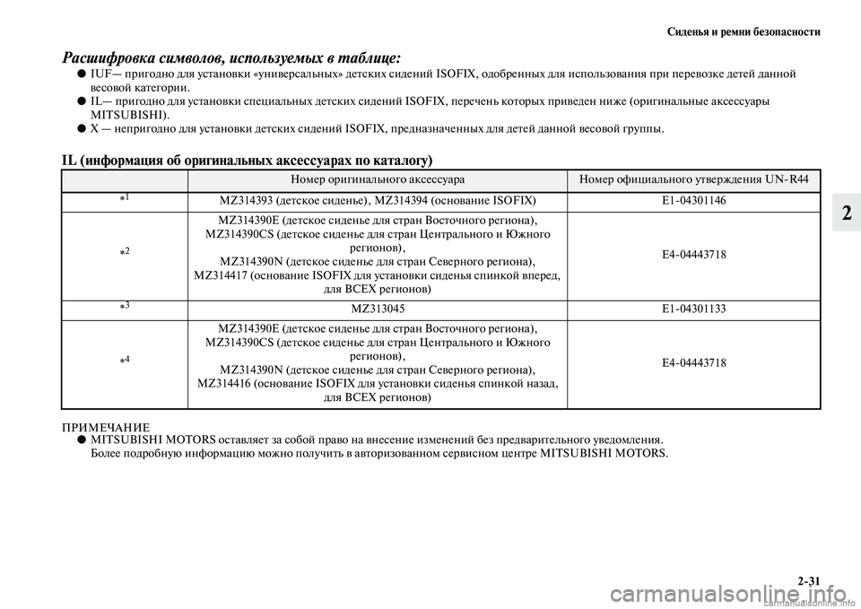 MITSUBISHI OUTLANDER 2015  Руководство по эксплуатации и техобслуживанию (in Russian) Сид!Фнья и р!Фмни б!Фзопасности231
2
Расшифровка символов, используемых в WUаблице:●IUF— пригодно для усЧbаноЧcк
