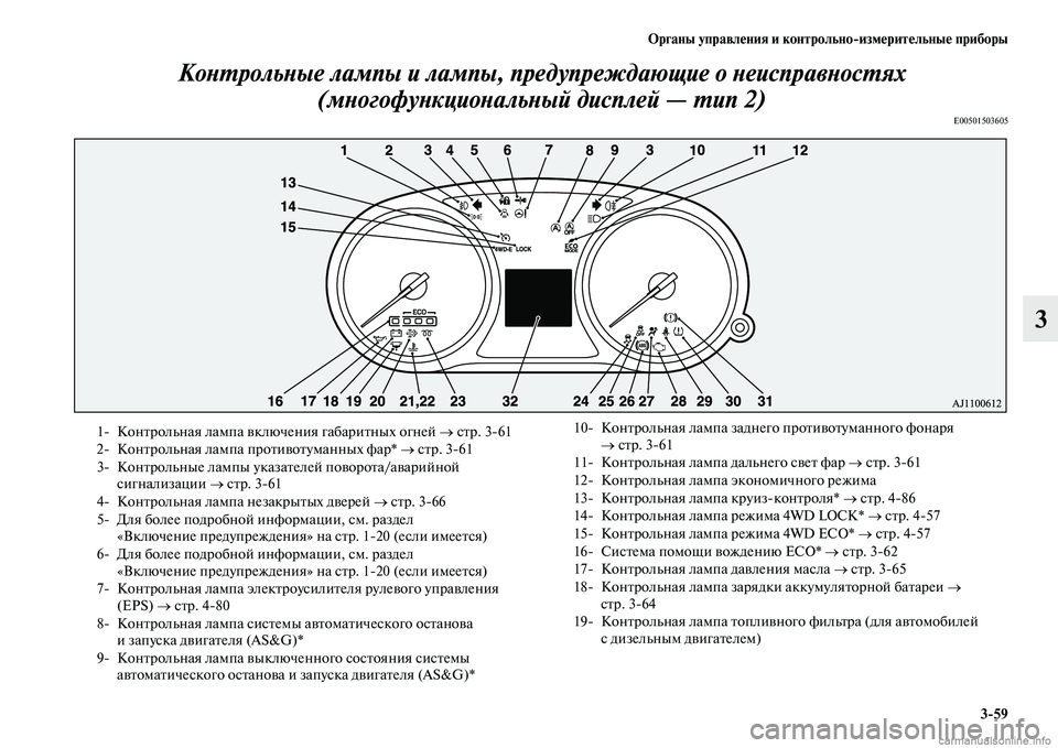 MITSUBISHI OUTLANDER 2015  Руководство по эксплуатации и техобслуживанию (in Russian) Органы управл!Фния и контрольноизм!Фрит!Фльны!Ф приборы359
3
КоWbWUрольWbые лампы и лампы, прWкед
упреждающие о Wb