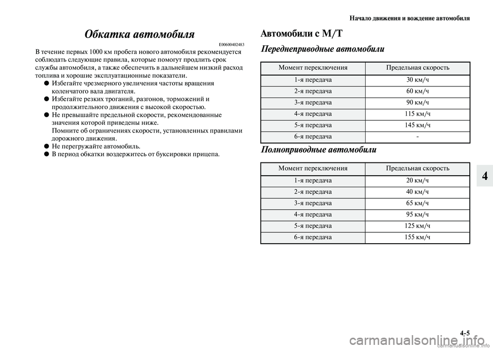 MITSUBISHI OUTLANDER 2015  Руководство по эксплуатации и техобслуживанию (in Russian) Начало движ!Фния и вожд!Фни!Ф автомобиля45
4
ОбкаWUка авWUомобиля
E00600402483В Чbечение перЧcых 1000 км пробега 
ноЧcого 