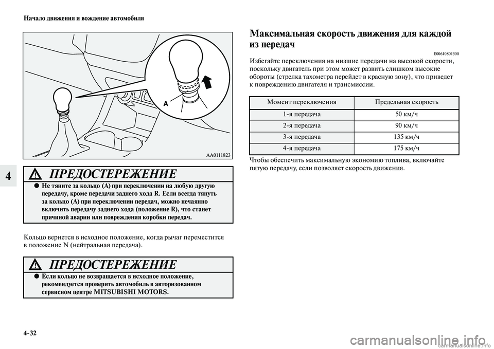 MITSUBISHI OUTLANDER 2015  Руководство по эксплуатации и техобслуживанию (in Russian) 432 Начало движ!Фния и вожд!Фни!Ф автомобиля
4
Кольцо ЧcернеЧbся Чc исходное положение, когда рычаг перемесЧbиЧbс
