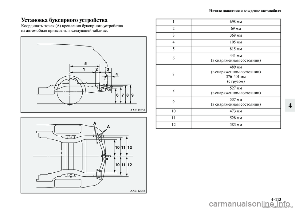 MITSUBISHI OUTLANDER 2015  Руководство по эксплуатации и техобслуживанию (in Russian) Начало движ!Фния и вожд!Фни!Ф автомобиля4113
4
Установка буксирного устро!Aства
КоординаЧbы Чbочек (А) крепления 