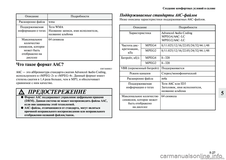 MITSUBISHI OUTLANDER 2015  Руководство по эксплуатации и техобслуживанию (in Russian) Создани!Ф комфортных услови!A в салон!Ф527
5
Что тако!Ф формат AAC?E00736800023AAC — эЧbо аббреЧcиаЧbура сЧbандарЧbа сжаЧbи