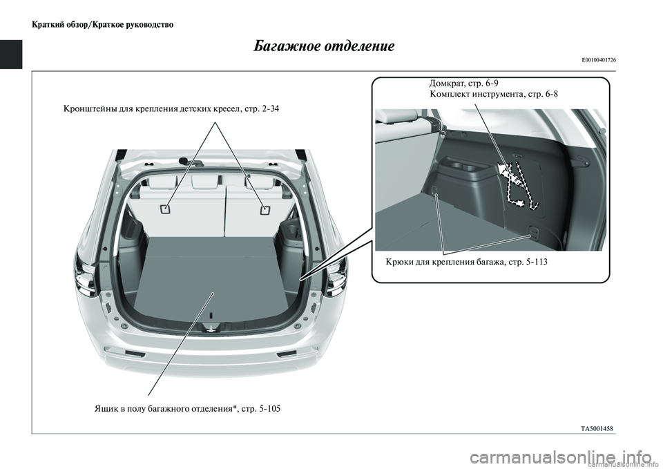 MITSUBISHI OUTLANDER 2015  Руководство по эксплуатации и техобслуживанию (in Russian) Кратки!A обзор/Кратко!Ф руководство
БагажWbое оWUделеWbие
E00100401726
ДомкраЧb, сЧbр. 69
КомплекЧb инсЧbруменЧbа, сЧbрЧо.