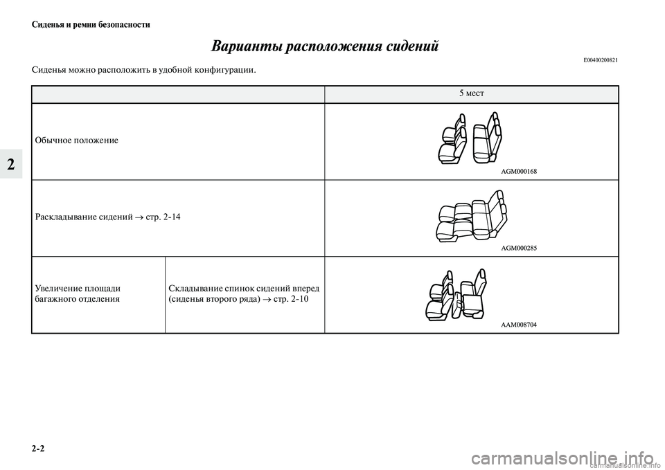 MITSUBISHI OUTLANDER 2015  Руководство по эксплуатации и техобслуживанию (in Russian) 22 Сид!Фнья и р!Фмни б!Фзопасности
2ВариаWbWUы расположеWbия сидеWbий
E00400200821Сиденья можно расположиЧbь Чc удобной 