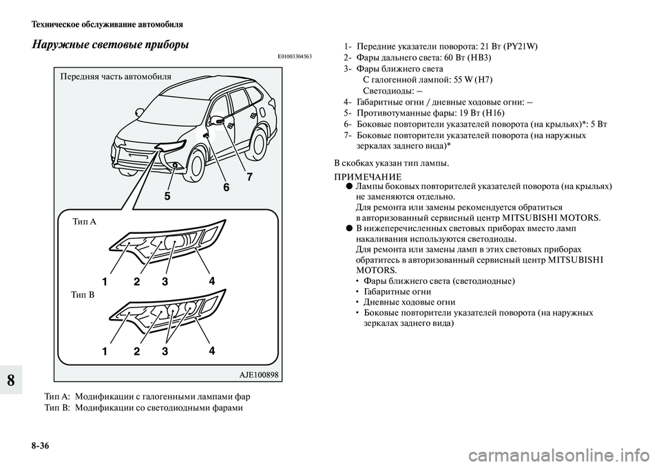MITSUBISHI OUTLANDER 2016 Руководство по эксплуатации и техобслуживанию (in Russian) 8
36 ТHKхничHKскоHK обслуживаниHK автомобиля
8
НаружХbые свеХUовые приборыE01003304563
В скобках указан Kbип лампы.
ПРИМЕ MITSUBISHI OUTLANDER 2016 Руководство по эксплуатации и техобслуживанию (in Russian) 8
36 ТHKхничHKскоHK обслуживаниHK автомобиля
8
НаружХbые свеХUовые приборыE01003304563
В скобках указан Kbип лампы.
ПРИМЕ