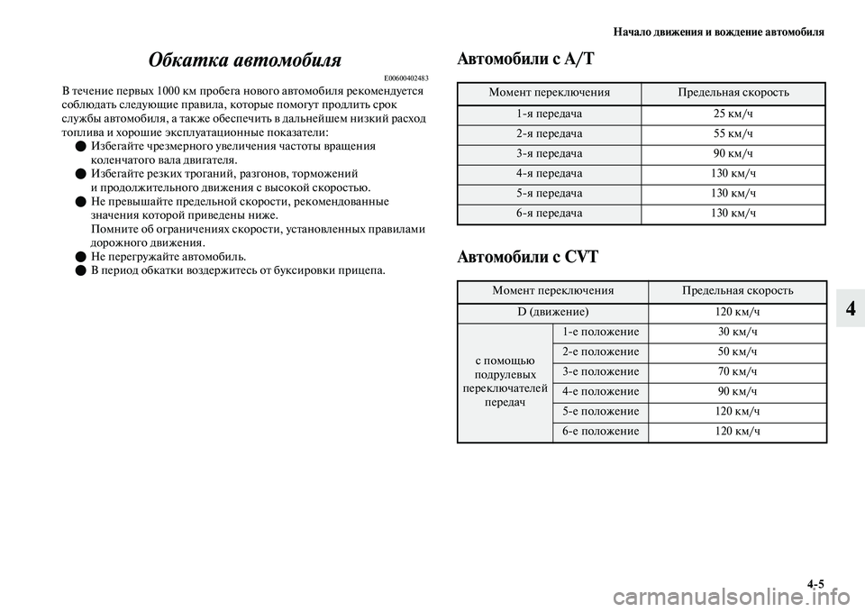 MITSUBISHI OUTLANDER 2017  Руководство по эксплуатации и техобслуживанию (in Russian) Начало движHЮния и вождHЮниHЮ автомобиля45
4
ОбкаХФка авХФомобиля
E00600402483В Еbечение перЕЫых 1000 км пробега 
ноЕЫ