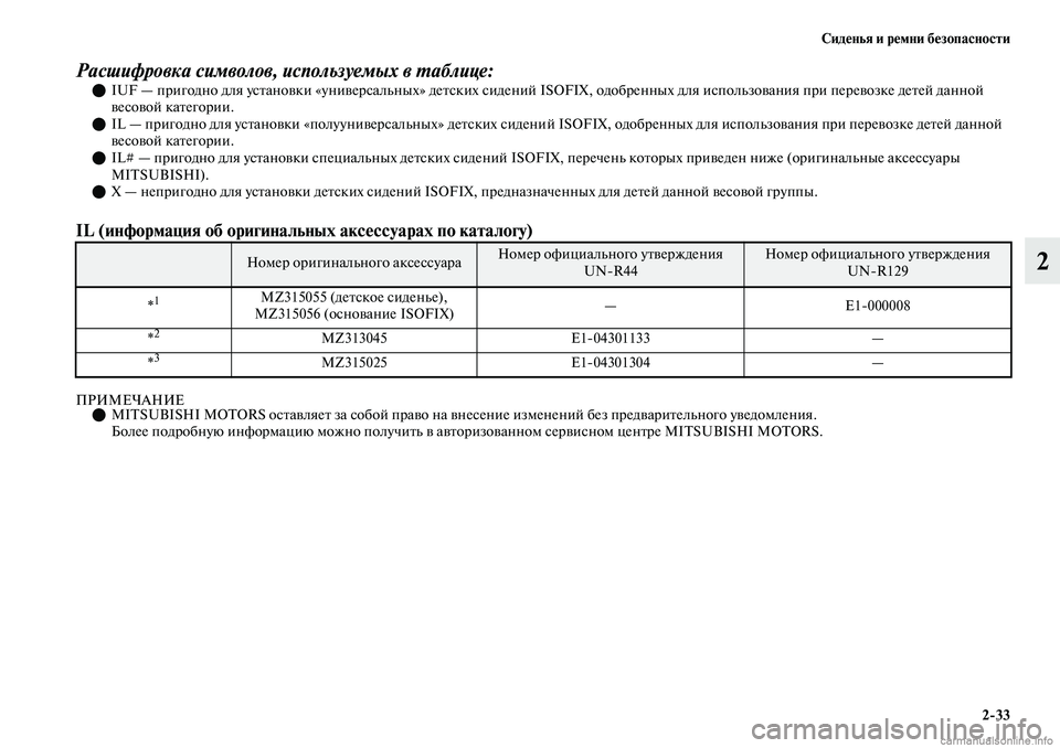 MITSUBISHI OUTLANDER 2019 Руководство по эксплуатации и техобслуживанию (in Russian) Сиденья и ремни безопасности
2
33
2
Расшифровка символов, используемых в таблице:IUF — пригодно для установки MITSUBISHI OUTLANDER 2019 Руководство по эксплуатации и техобслуживанию (in Russian) Сиденья и ремни безопасности
2
33
2
Расшифровка символов, используемых в таблице:IUF — пригодно для установки