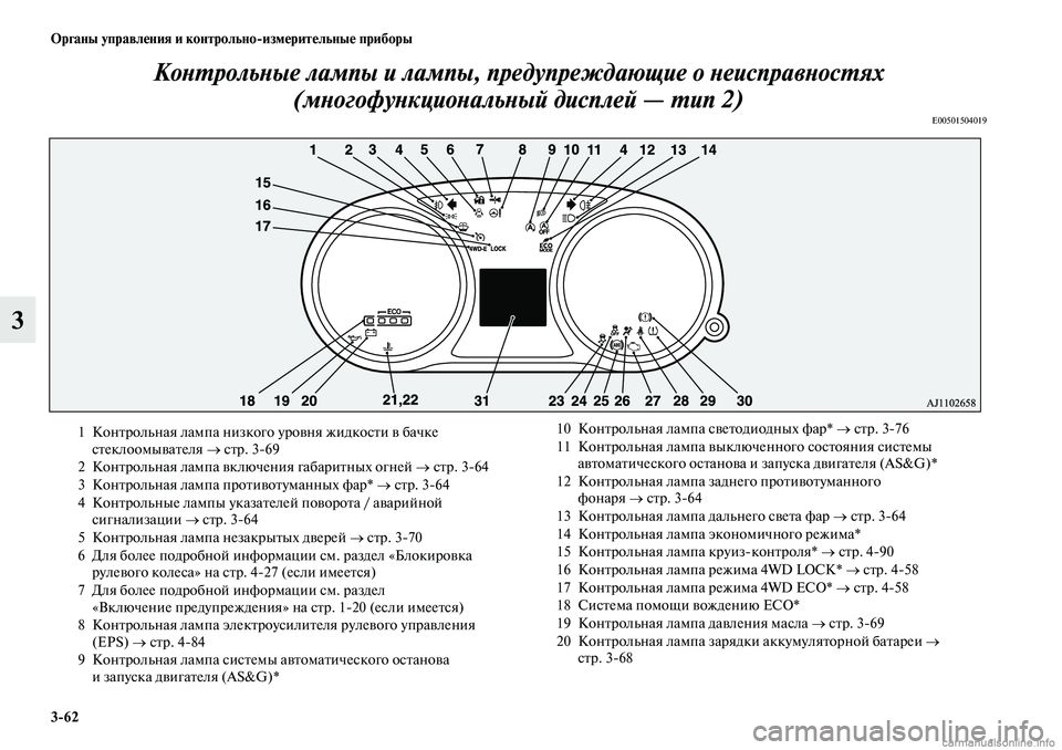 MITSUBISHI OUTLANDER 2019 Руководство по эксплуатации и техобслуживанию (in Russian) 3
62 Органы управления и контрольно
измерительные приборы
3Контрольные лампы и лампы, предупреждающие о неисп MITSUBISHI OUTLANDER 2019 Руководство по эксплуатации и техобслуживанию (in Russian) 3
62 Органы управления и контрольно
измерительные приборы
3Контрольные лампы и лампы, предупреждающие о неисп
