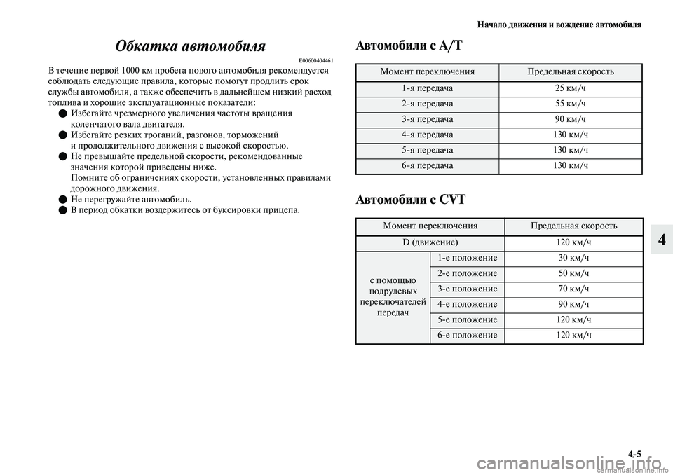 MITSUBISHI OUTLANDER 2019 Руководство по эксплуатации и техобслуживанию (in Russian) Начало движения и вождение автомобиля
4
5
4 Обкатка автомобиля
E00600404461В течение первой 1000 км пробега нового авт MITSUBISHI OUTLANDER 2019 Руководство по эксплуатации и техобслуживанию (in Russian) Начало движения и вождение автомобиля
4
5
4 Обкатка автомобиля
E00600404461В течение первой 1000 км пробега нового авт