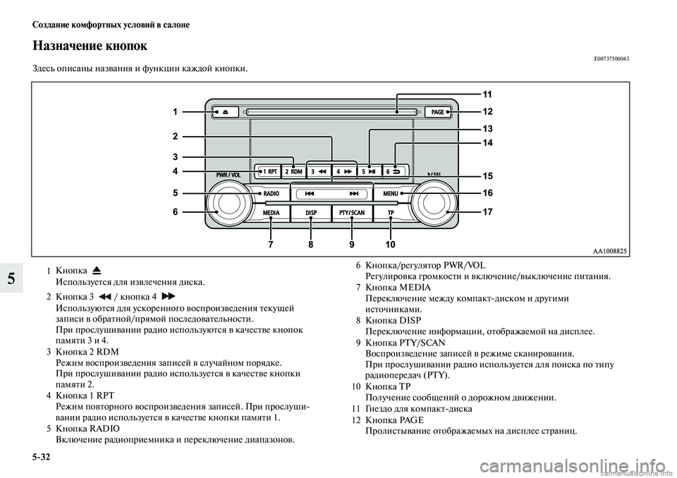 MITSUBISHI OUTLANDER 2019 Руководство по эксплуатации и техобслуживанию (in Russian) 5
32 Создание комфортных условий в салоне
5
Назначение кнопокE00737500043Здесь описаны названия и функции каждой кн MITSUBISHI OUTLANDER 2019 Руководство по эксплуатации и техобслуживанию (in Russian) 5
32 Создание комфортных условий в салоне
5
Назначение кнопокE00737500043Здесь описаны названия и функции каждой кн