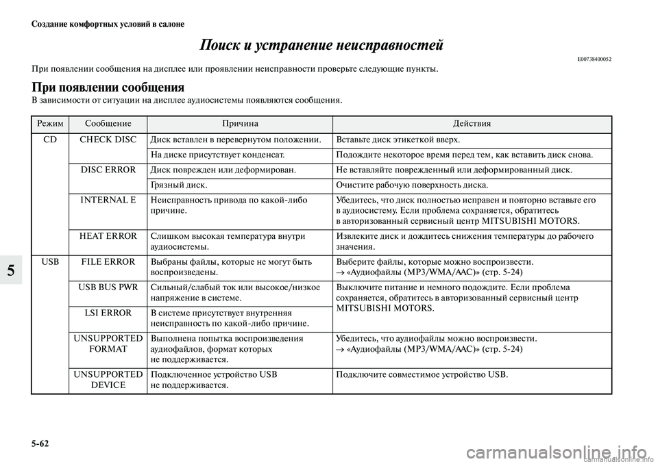 MITSUBISHI OUTLANDER 2019 Руководство по эксплуатации и техобслуживанию (in Russian) 5
62 Создание комфортных условий в салоне
5Поиск и устранение неисправностей
E00738400052При появлении сообщения на MITSUBISHI OUTLANDER 2019 Руководство по эксплуатации и техобслуживанию (in Russian) 5
62 Создание комфортных условий в салоне
5Поиск и устранение неисправностей
E00738400052При появлении сообщения на