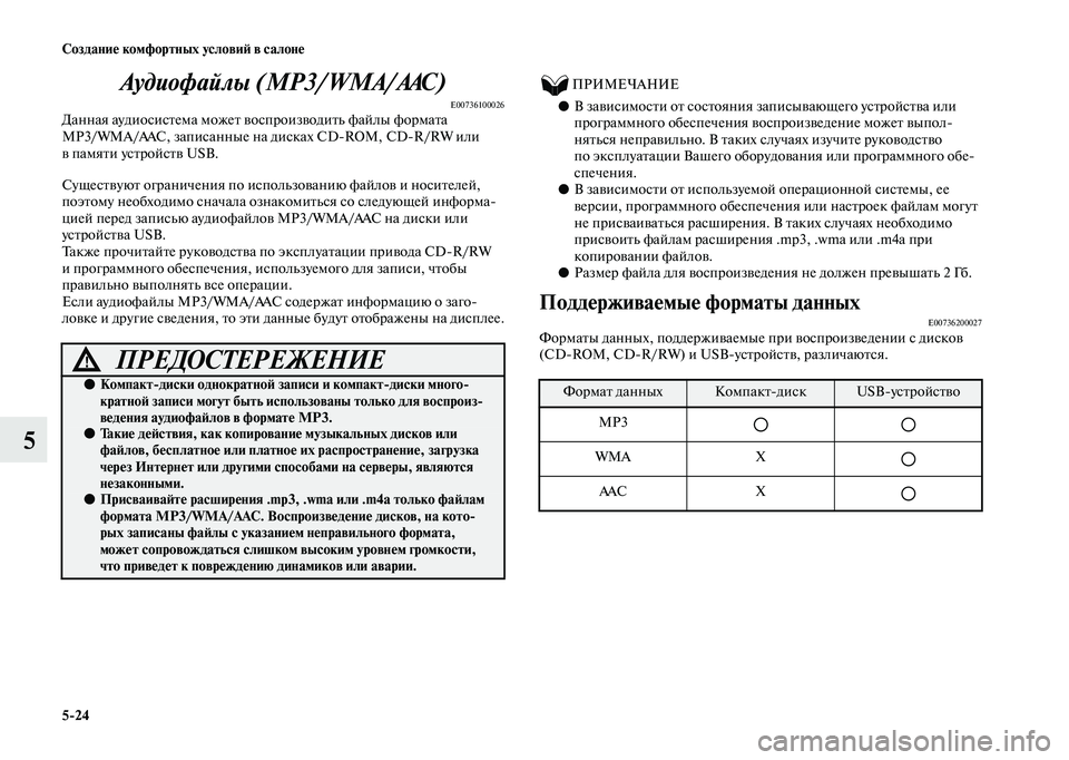 MITSUBISHI OUTLANDER 2020  Руководство по эксплуатации и техобслуживанию (in Russian) 524 Создание комфортных условий в салоне
5Аудиофайлы (MP3/WMA/AAC)
E00736100026Данная аудиосистема может воспроизводить 
