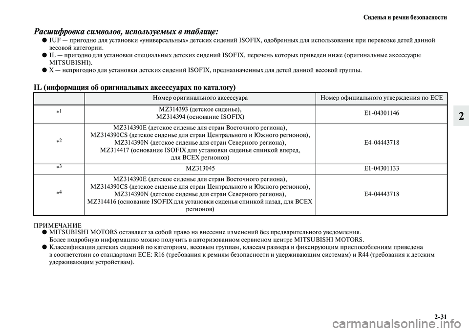 MITSUBISHI ASX 2014  Руководство по эксплуатации и техобслуживанию (in Russian) Сиденья и ремни безопасности
2/31
2
Расшифровка символов, используемых в таблице:●IUF — пригодно для установки 