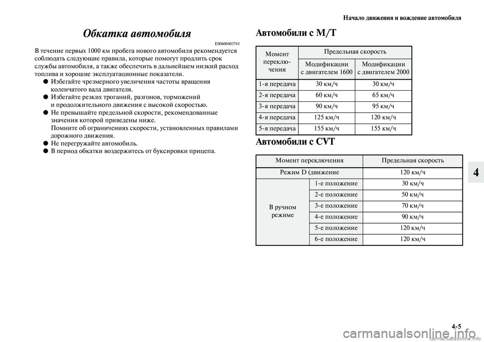 MITSUBISHI ASX 2015 Руководство по эксплуатации и техобслуживанию (in Russian) Начало движения и вождение автомобиля4/5
4
ОбкаPKка авPKомобиля
E00600403741В течение первых 1000 км пробега
нового авт MITSUBISHI ASX 2015 Руководство по эксплуатации и техобслуживанию (in Russian) Начало движения и вождение автомобиля4/5
4
ОбкаPKка авPKомобиля
E00600403741В течение первых 1000 км пробега
нового авт