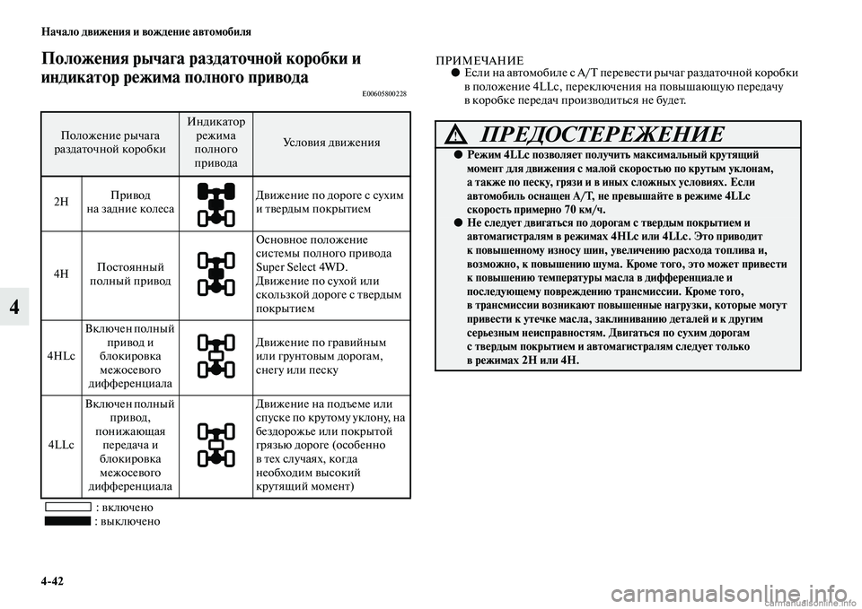 MITSUBISHI L200 2015 Руководство по эксплуатации и техобслуживанию (in Russian) 442 Начало движения и вождение автомобиля
4
Положения рычага раздаточной коробки и
индикатор режима полного MITSUBISHI L200 2015 Руководство по эксплуатации и техобслуживанию (in Russian) 442 Начало движения и вождение автомобиля
4
Положения рычага раздаточной коробки и
индикатор режима полного