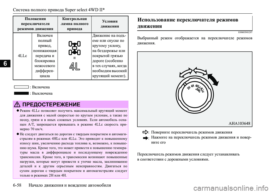 MITSUBISHI L200 2016 Руководство по эксплуатации и техобслуживанию (in Russian) Система полного привода Super select 4WD II*
6-58Начало движения и вождение автомобиля
6
: Включена
: Выключена
E00605901297
Вы MITSUBISHI L200 2016 Руководство по эксплуатации и техобслуживанию (in Russian) Система полного привода Super select 4WD II*
6-58Начало движения и вождение автомобиля
6
: Включена
: Выключена
E00605901297
Вы