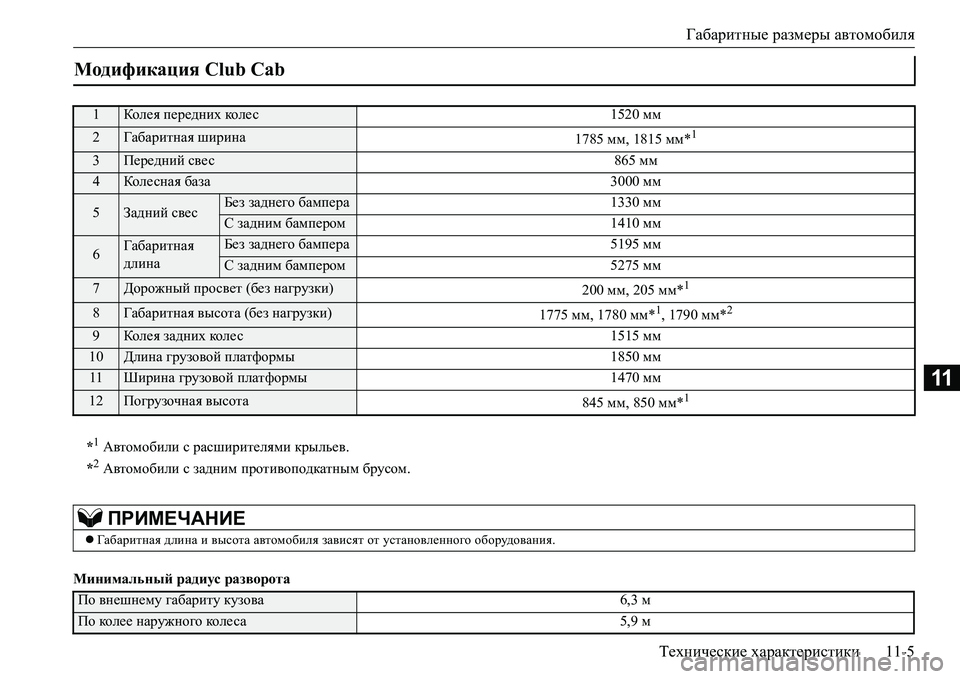 MITSUBISHI L200 2016  Руководство по эксплуатации и техобслуживанию (in Russian) Габаритные размеры автомобиля
Технические характеристики11-5
11
Минимальный радиус разворота
Модификация Club C