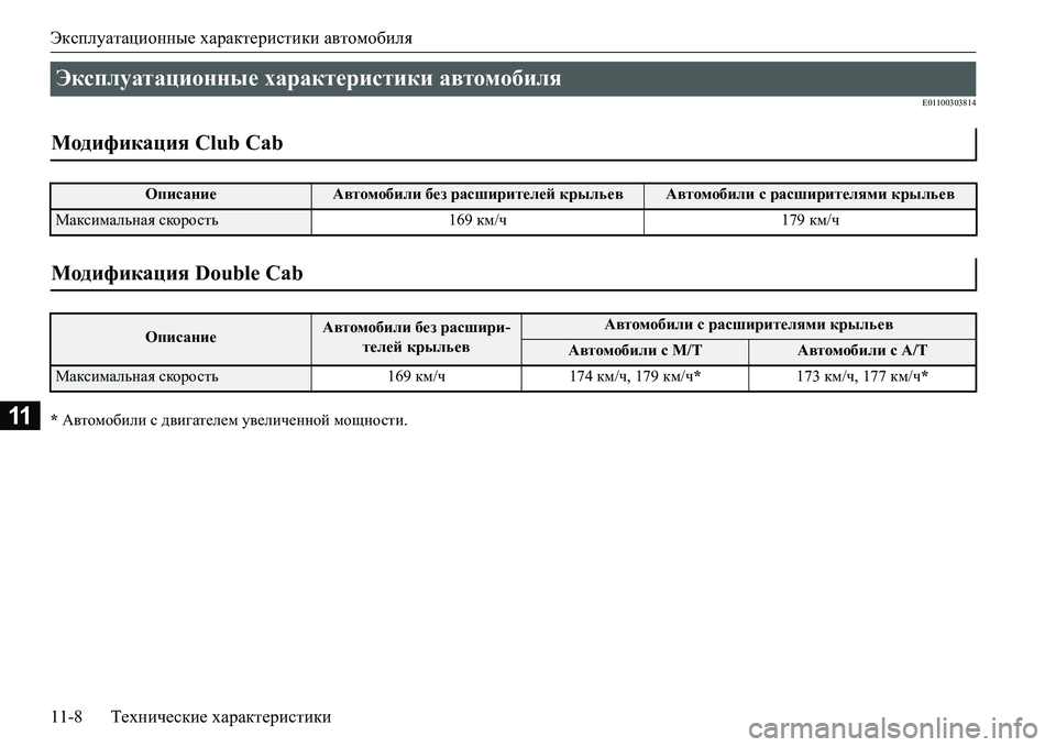 MITSUBISHI L200 2016  Руководство по эксплуатации и техобслуживанию (in Russian) Эксплуатационные характеристики автомобиля
11-8Технические характеристики
11
E01100303814
* Автомобили с двигателе