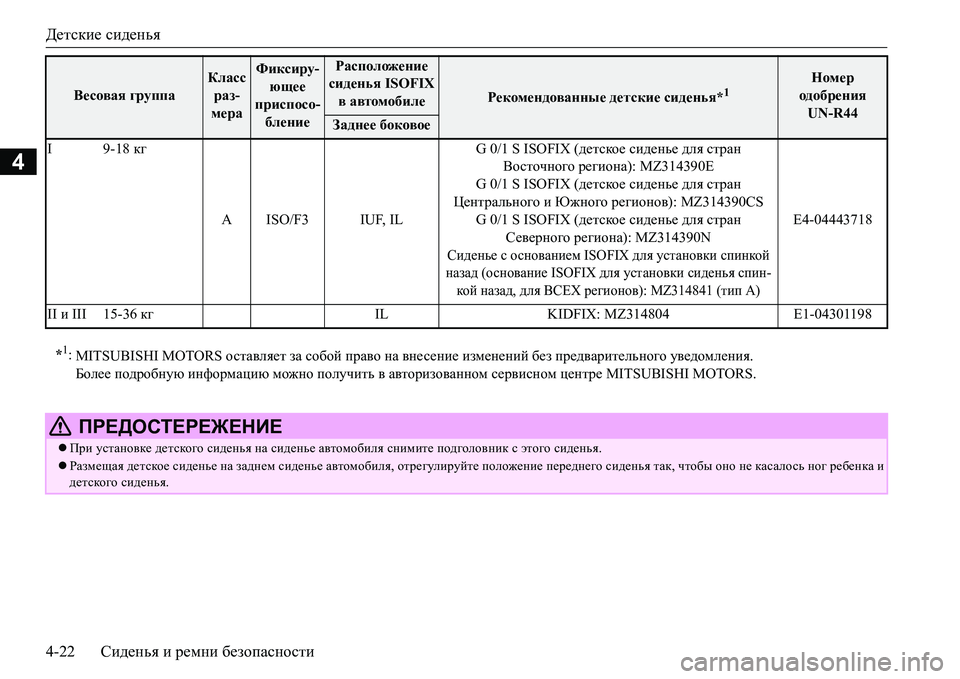 MITSUBISHI L200 2016 Руководство по эксплуатации и техобслуживанию (in Russian) Детские сиденья
4-22Сиденья и ремни безопасности
4
I 9-18 кг
AISO/F3 IUF, ILG 0/1 S ISOFIX (детское сиденье для стран
Восточног MITSUBISHI L200 2016 Руководство по эксплуатации и техобслуживанию (in Russian) Детские сиденья
4-22Сиденья и ремни безопасности
4
I 9-18 кг
AISO/F3 IUF, ILG 0/1 S ISOFIX (детское сиденье для стран
Восточног