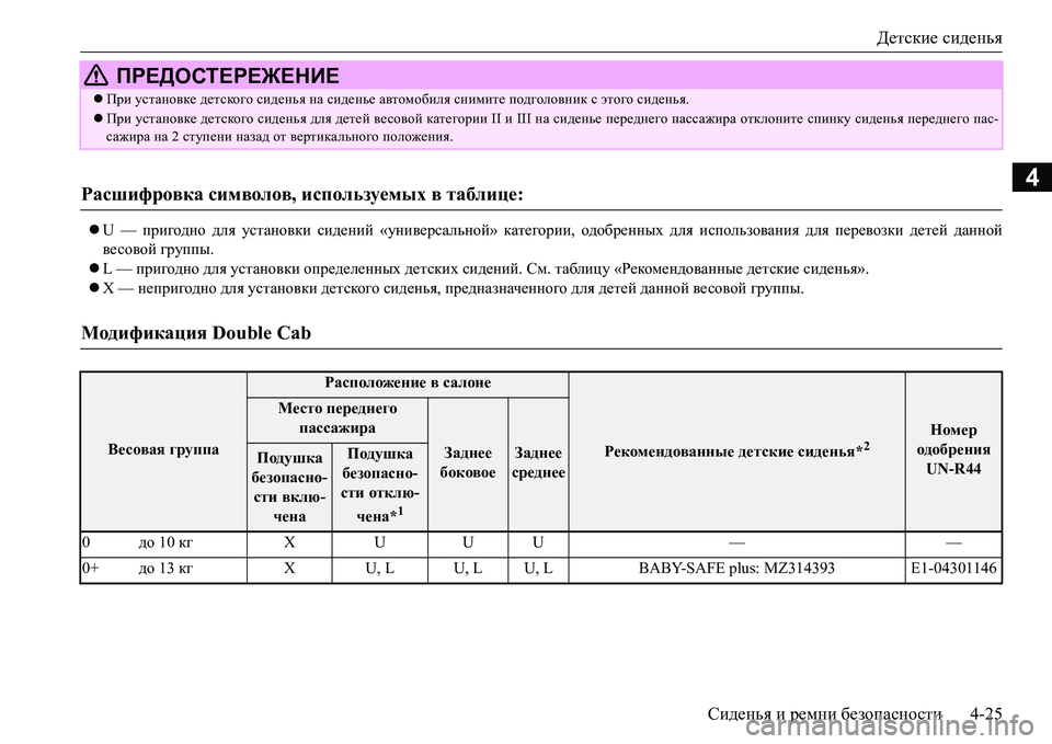 MITSUBISHI L200 2016 Руководство по эксплуатации и техобслуживанию (in Russian) Детские сиденья
Сиденья и ремни безопасности4-25
4
U — пригодно для установки сидений «универсальной» катего MITSUBISHI L200 2016 Руководство по эксплуатации и техобслуживанию (in Russian) Детские сиденья
Сиденья и ремни безопасности4-25
4
U — пригодно для установки сидений «универсальной» катего