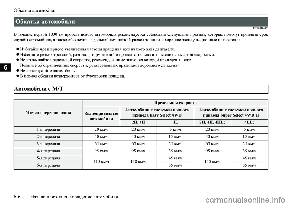 MITSUBISHI L200 2017 Руководство по эксплуатации и техобслуживанию (in Russian) Обкатка автомобиля
6-6Начало движения и вождение автомобиля
6
E00600404070
В течение первой 1000 км пробега нового авт MITSUBISHI L200 2017 Руководство по эксплуатации и техобслуживанию (in Russian) Обкатка автомобиля
6-6Начало движения и вождение автомобиля
6
E00600404070
В течение первой 1000 км пробега нового авт