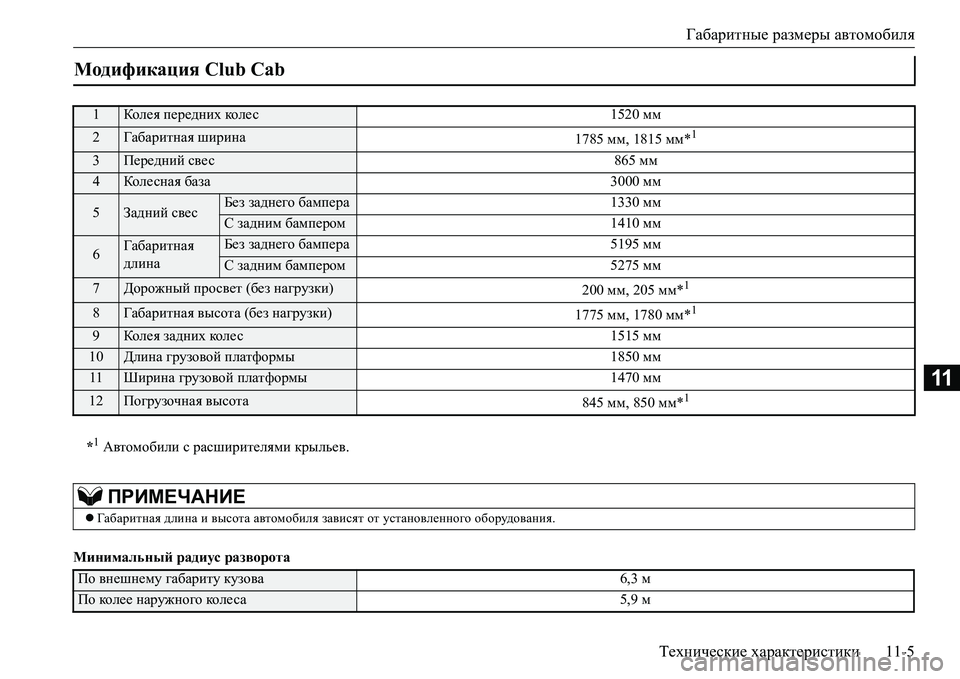 MITSUBISHI L200 2017  Руководство по эксплуатации и техобслуживанию (in Russian) Габаритные размеры автомобиля
Технические характеристики11-5
11
Минимальный радиус разворота
Модификация Club C