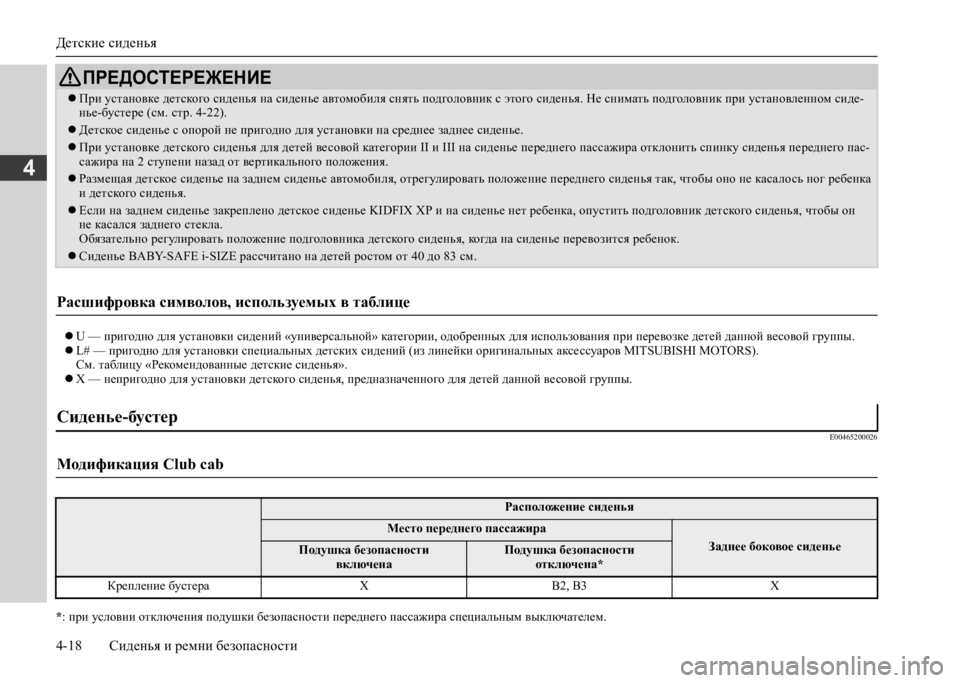 MITSUBISHI L200 2020 Руководство по эксплуатации и техобслуживанию (in Russian) Детские сиденья
4-18 Сиденья и ремни безопасности
4
U — пригодно для установки сидений «универсальной» кате MITSUBISHI L200 2020 Руководство по эксплуатации и техобслуживанию (in Russian) Детские сиденья
4-18 Сиденья и ремни безопасности
4
U — пригодно для установки сидений «универсальной» кате