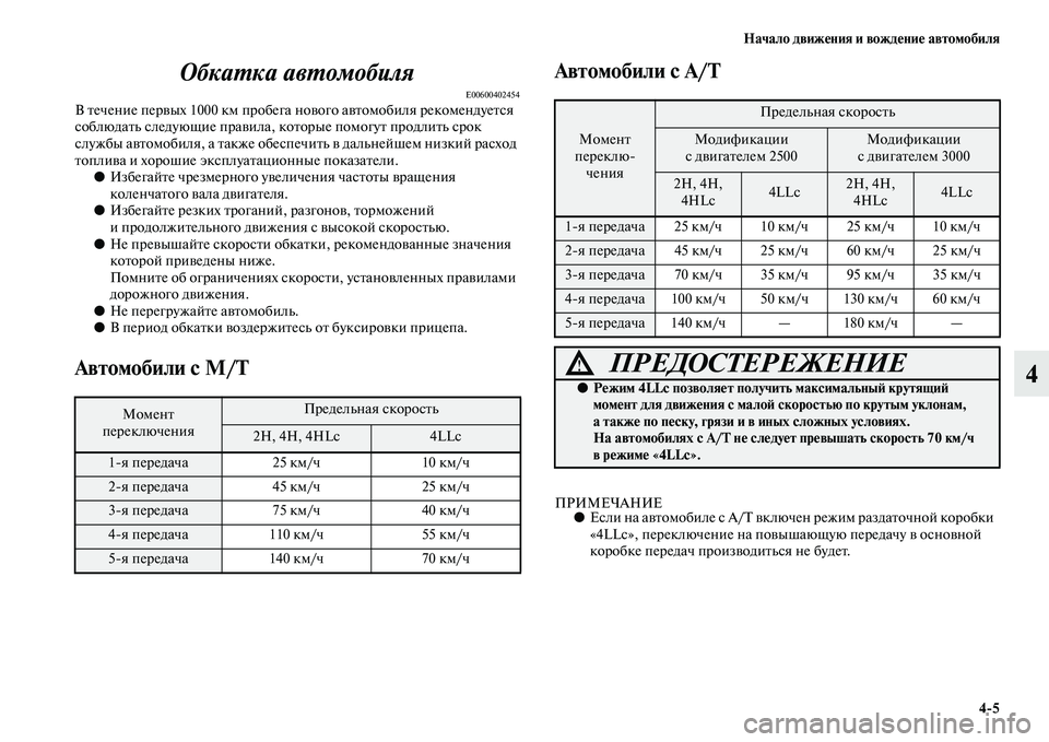 MITSUBISHI PAJERO SPORT 2014  Руководство по эксплуатации и техобслуживанию (in Russian) Начало движения и вождение автомобиля
45
4 Обкатка автомобиля
E00600402454В течение первых 1000 км пробега нового авт