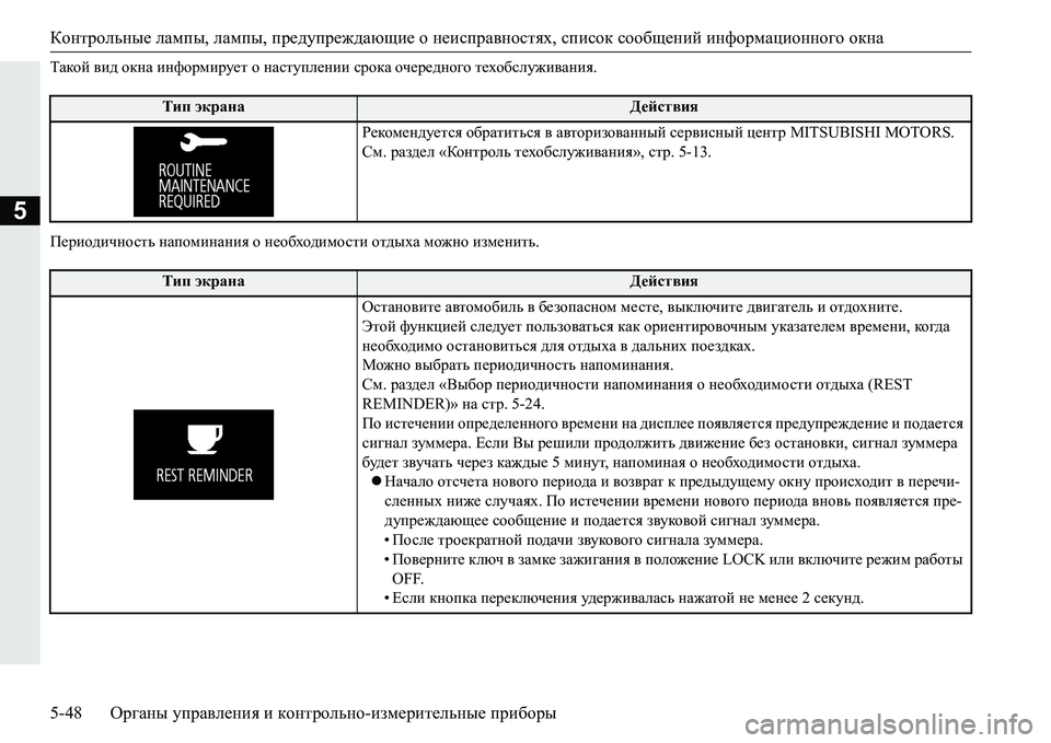MITSUBISHI PAJERO SPORT 2016  Руководство по эксплуатации и техобслуживанию (in Russian) Контрольные лампы , лампы , предупреждающие  о  неисправностях , список  сообщений  информационного  окна
5-48 Ор