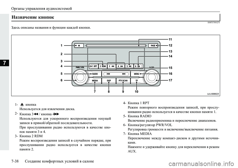 MITSUBISHI PAJERO SPORT 2016  Руководство по эксплуатации и техобслуживанию (in Russian) Органы управления  аудиосистемой
7-38 Создание  комфортных  условий  в  салоне
7
E00737501271
Здесь  описаны  названия 