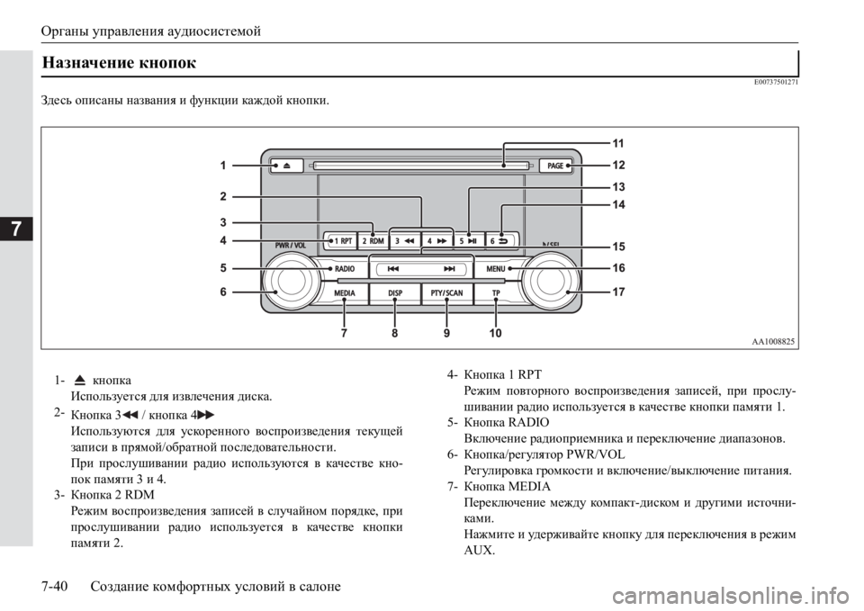MITSUBISHI PAJERO SPORT 2017  Руководство по эксплуатации и техобслуживанию (in Russian) Органы управления аудиосистемой
7-40Создание комфортных условий в салоне
7
E00737501271
Здесь описаны названия и фу