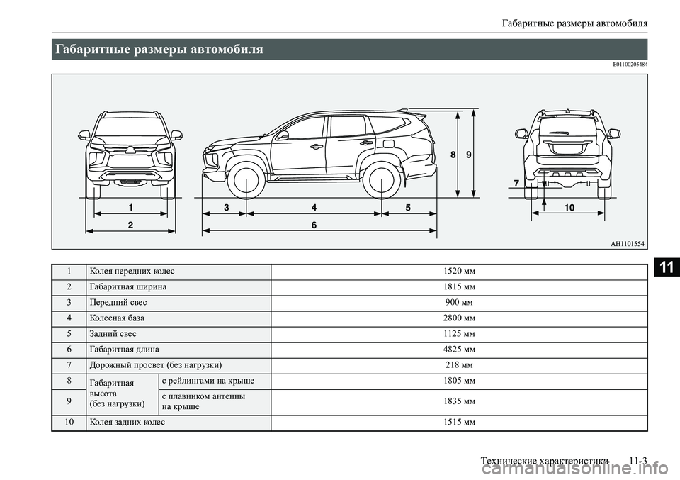 MITSUBISHI PAJERO SPORT 2020  Руководство по эксплуатации и техобслуживанию (in Russian) Габаритные размеры автомобиля
Технические характеристики 11-3
11
E01100205484
Габаритные размеры автомобиля 
1Колея 