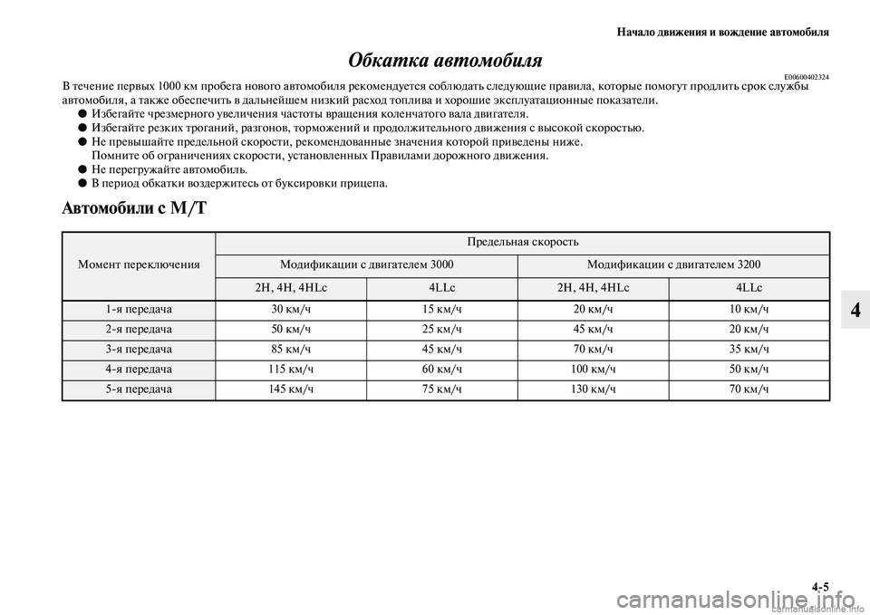 MITSUBISHI PAJERO 2014 Руководство по эксплуатации и техобслуживанию (in Russian) Начало движения и вождение автомобиля
4
5
4 Обкатка автомобиля
E00600402324В течение первых 1000 км пробега нового авт MITSUBISHI PAJERO 2014 Руководство по эксплуатации и техобслуживанию (in Russian) Начало движения и вождение автомобиля
4
5
4 Обкатка автомобиля
E00600402324В течение первых 1000 км пробега нового авт