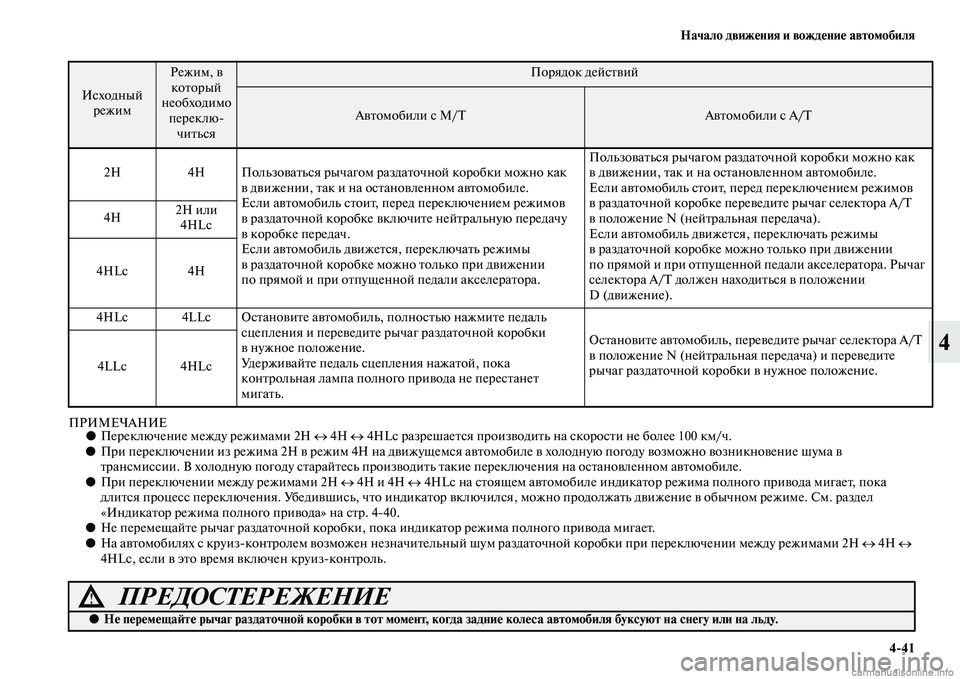 MITSUBISHI PAJERO 2014 Руководство по эксплуатации и техобслуживанию (in Russian) Начало движения и вождение автомобиля
4
41
4
ПРИМЕЧАНИЕ●Переключение между режимами 2H ↔ 4H ↔ 4HLc разрешается пр MITSUBISHI PAJERO 2014 Руководство по эксплуатации и техобслуживанию (in Russian) Начало движения и вождение автомобиля
4
41
4
ПРИМЕЧАНИЕ●Переключение между режимами 2H ↔ 4H ↔ 4HLc разрешается пр