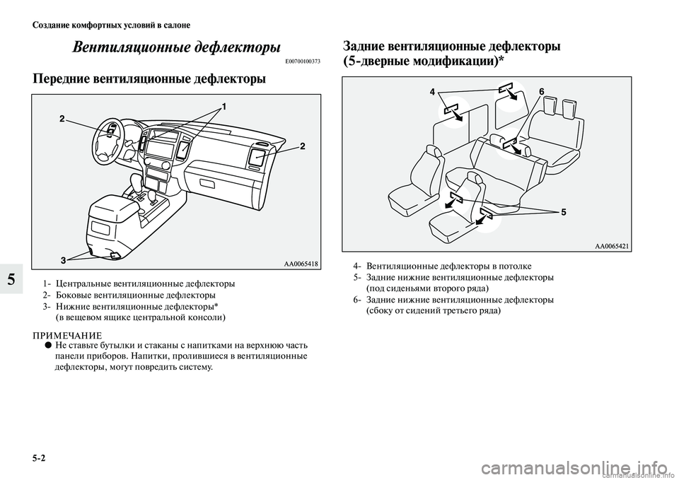 MITSUBISHI PAJERO 2014  Руководство по эксплуатации и техобслуживанию (in Russian) 52 Создание комфортных условий в салоне
5Вентиляционные дефлекторы
E00700100373
Передние вентиляционные дефлекто
