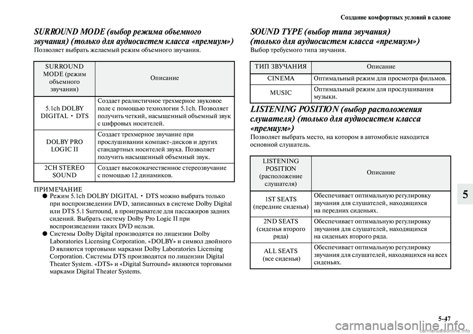 MITSUBISHI PAJERO 2014 Руководство по эксплуатации и техобслуживанию (in Russian) Создание комфортных условий в салоне
5
47
5
SURROUND MODE (выбор режима объемного
звучания) (только для аудиосистем к MITSUBISHI PAJERO 2014 Руководство по эксплуатации и техобслуживанию (in Russian) Создание комфортных условий в салоне
5
47
5
SURROUND MODE (выбор режима объемного
звучания) (только для аудиосистем к