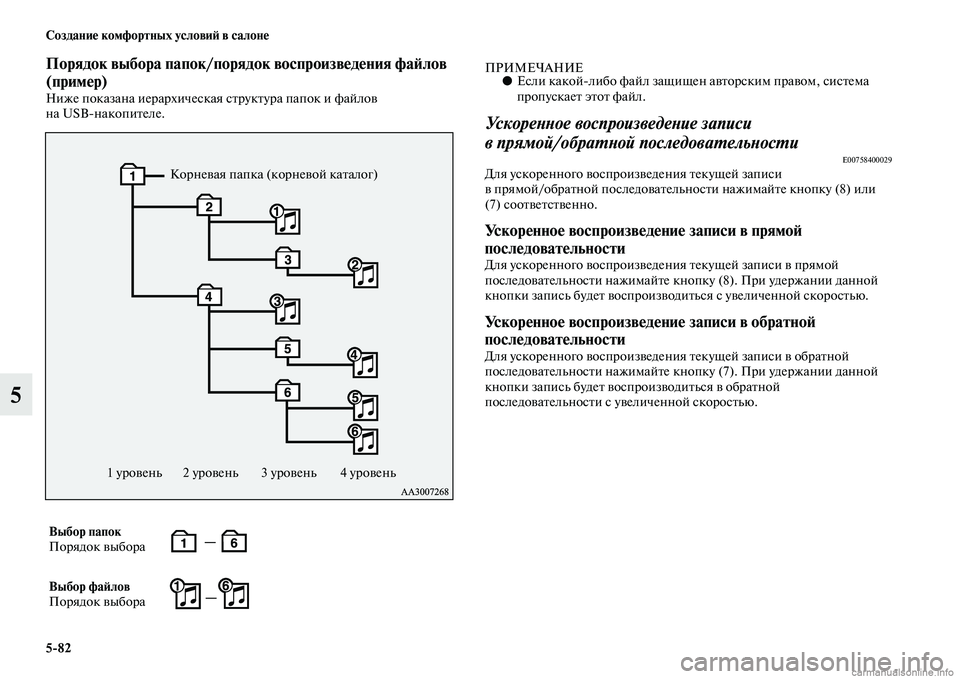 MITSUBISHI PAJERO 2014 Руководство по эксплуатации и техобслуживанию (in Russian) 5
82 Создание комфортных условий в салоне
5
Порядок выбора папок/порядок воспроизведения файлов
(пример)
Ниже MITSUBISHI PAJERO 2014 Руководство по эксплуатации и техобслуживанию (in Russian) 5
82 Создание комфортных условий в салоне
5
Порядок выбора папок/порядок воспроизведения файлов
(пример)
Ниже