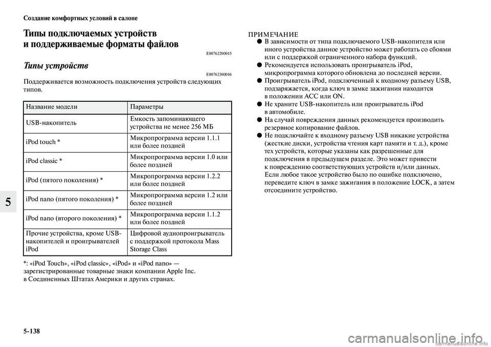 MITSUBISHI PAJERO 2014 Руководство по эксплуатации и техобслуживанию (in Russian) 5
138 Создание комфортных условий в салоне
5
Типы подключаемых устройств
и поддерживаемые форматы файлов
E00762200 MITSUBISHI PAJERO 2014 Руководство по эксплуатации и техобслуживанию (in Russian) 5
138 Создание комфортных условий в салоне
5
Типы подключаемых устройств
и поддерживаемые форматы файлов
E00762200