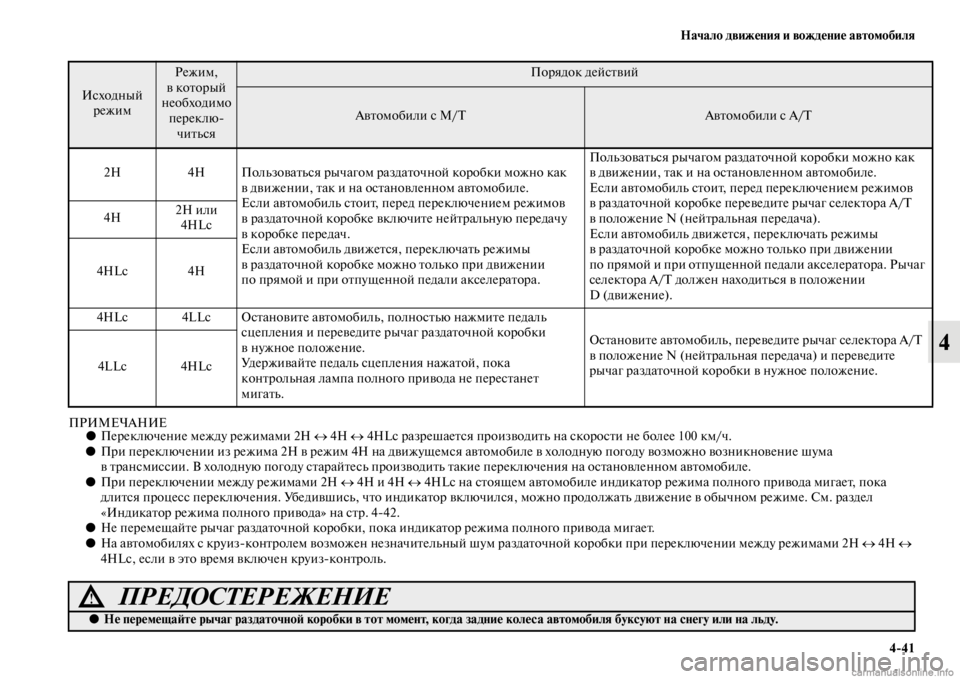 MITSUBISHI PAJERO 2016  Руководство по эксплуатации и техобслуживанию (in Russian) Начало движения и вождение автомобиля4ЯK41
4
ПРИМЕЧАНИЕ●ПеF+еключение между F+ежимами 2H  ↔ 4H  ↔ 4HLc F+азF+ешаеFbся 