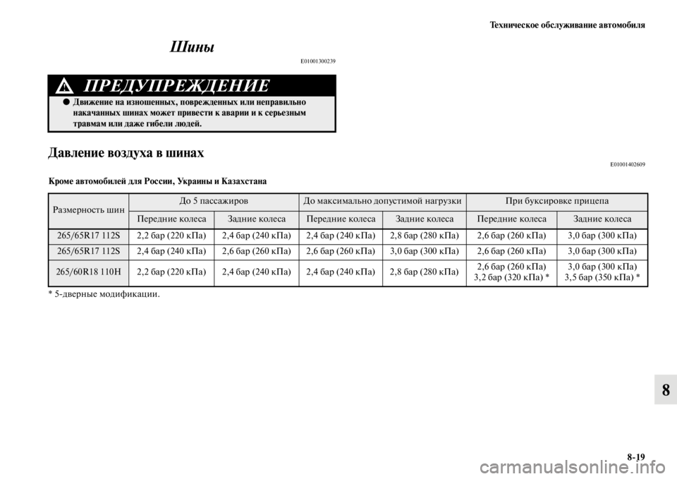 MITSUBISHI PAJERO 2016  Руководство по эксплуатации и техобслуживанию (in Russian) Техническое обслуживание автомобиля8ЯK19
8
ШиLbы
E01001300239
Давление воздуха в шинахE01001402609
Кроме автомобилеЯ; для 